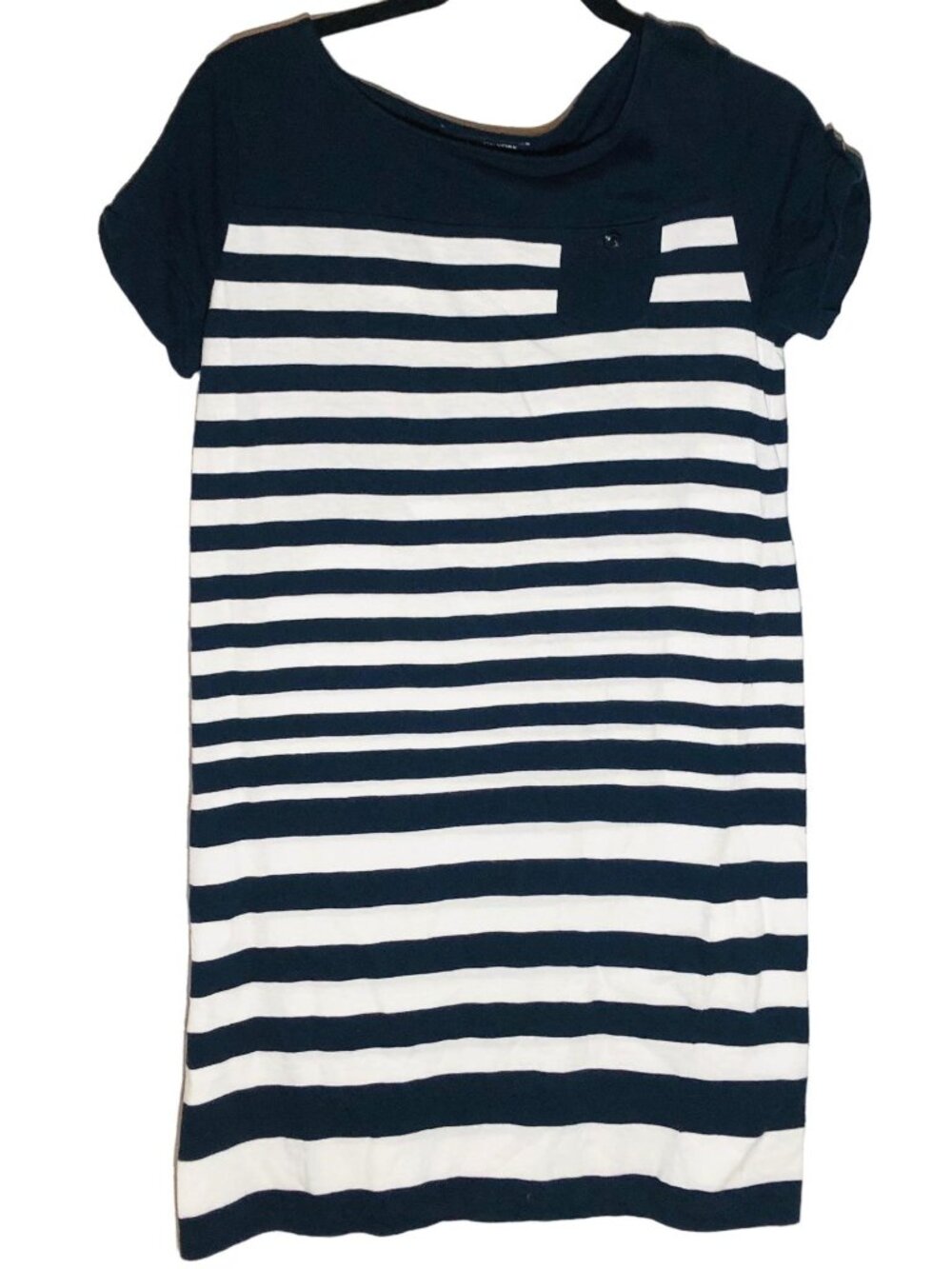 Jones New York  dress striped  medium short sleeve blue white pocket READ